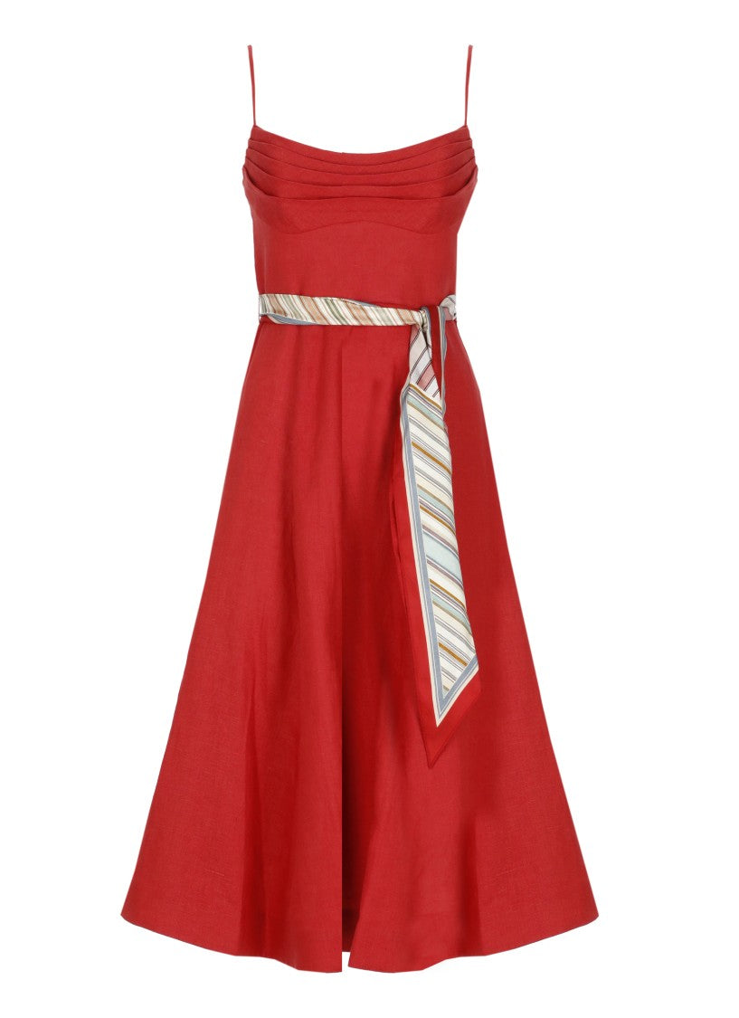 Zimmermann Fitted Midi Linen Dress With Striped Foulard Belt
