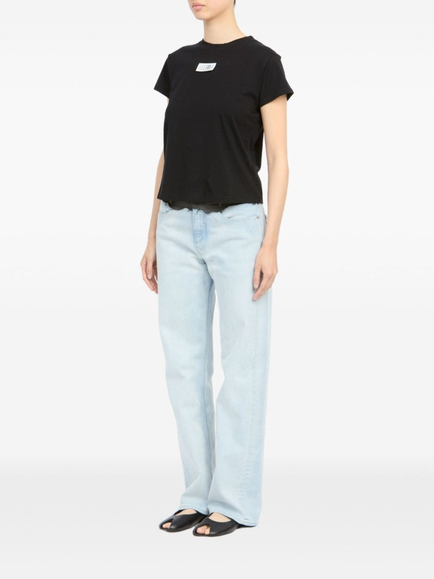 Mm6 By Maison Margiela Boxy Black Cropped T-Shirt With Classic Crew Neckline