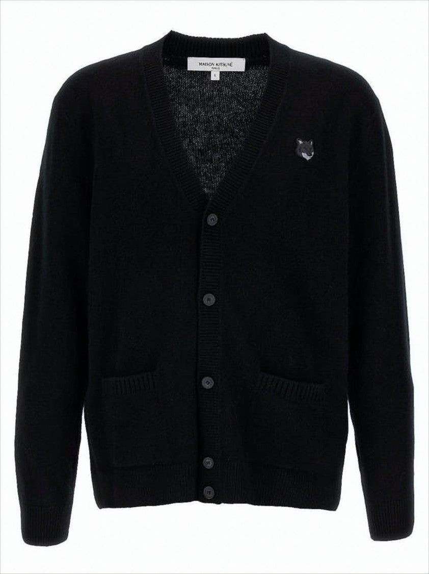 Maison Kitsuné Classic V-Neck Black Cardigan With Embroidered Logo