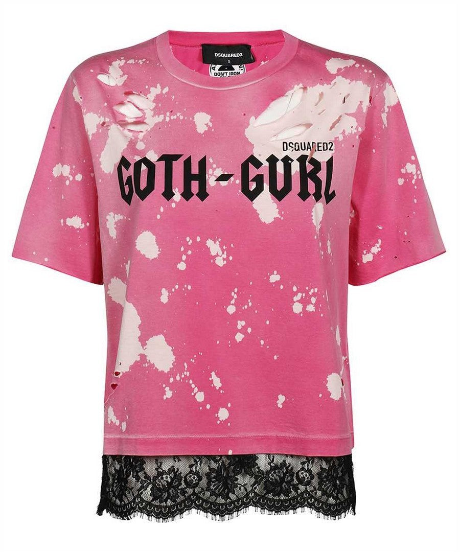 Dsquared2 Distressed Fuchsia Cropped T-Shirt Lace Trim