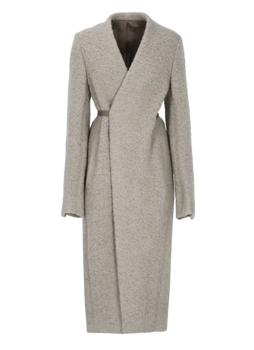 Rick Owens Textured Grey Wrap Coat With Lace Closure