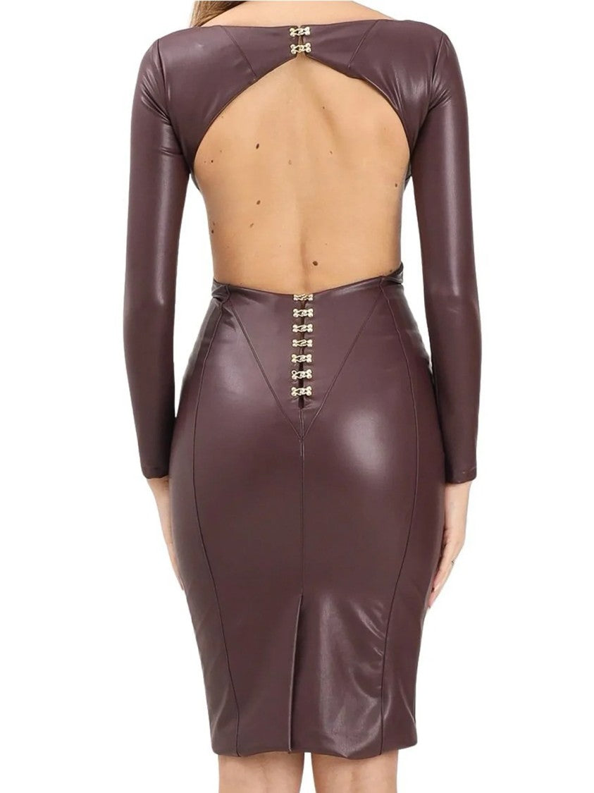 Elisabetta Franchi Ruched Midi Dress With Open Back In Glossy Faux Leather