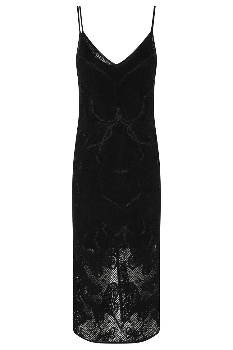 Blumarine Black Butterfly V-Neck Macrame Work Cotton Day Dress