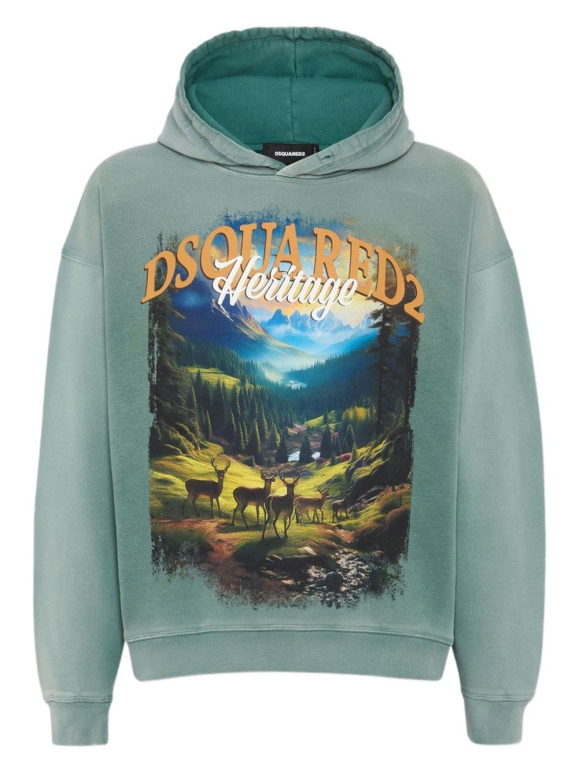 Dsquared2 Aqua Green Illustration Print Hooded Sweatshirt