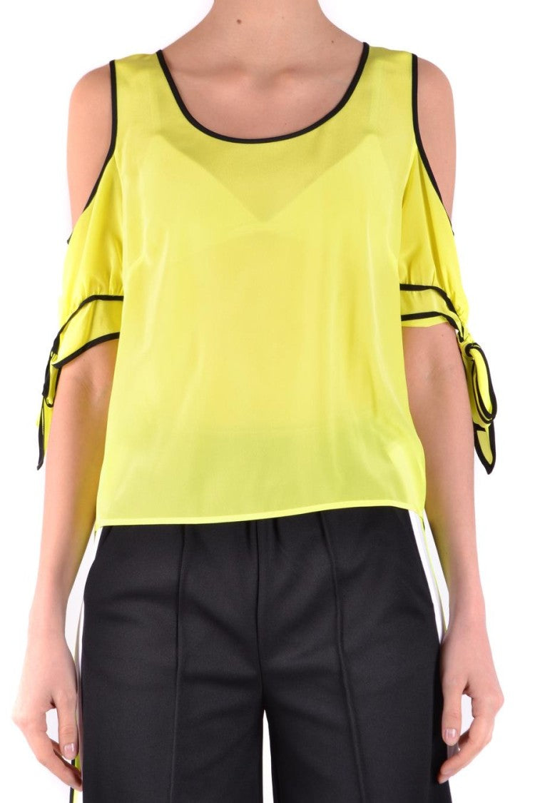 Pinko Cold-Shoulder Yellow Silk Top With Bow-Tied Sleeves