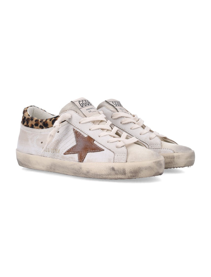 Golden Goose Distressed White Leather Sneakers With Leopard Print Accents