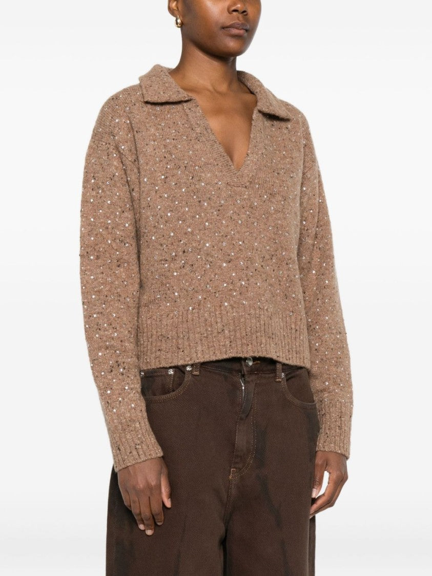 Pinko Camel Knit Top With Deep V-Neckline