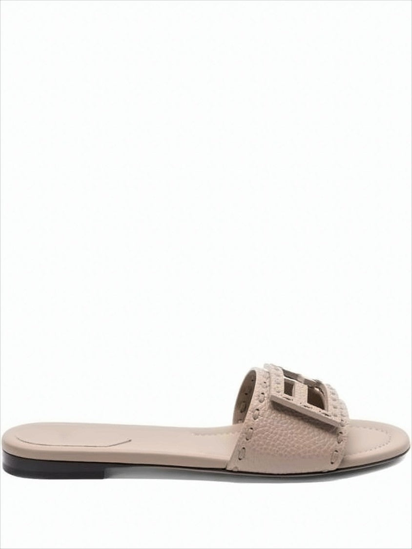 Fendi Geometric Buckle Slide Sandals In Textured Calf Leather