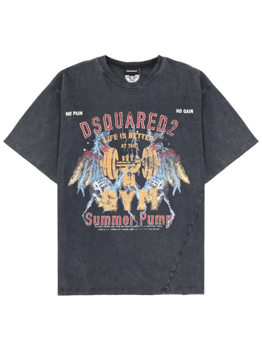 Dsquared2 Washed Black Cotton Gym Printed T-Shirt