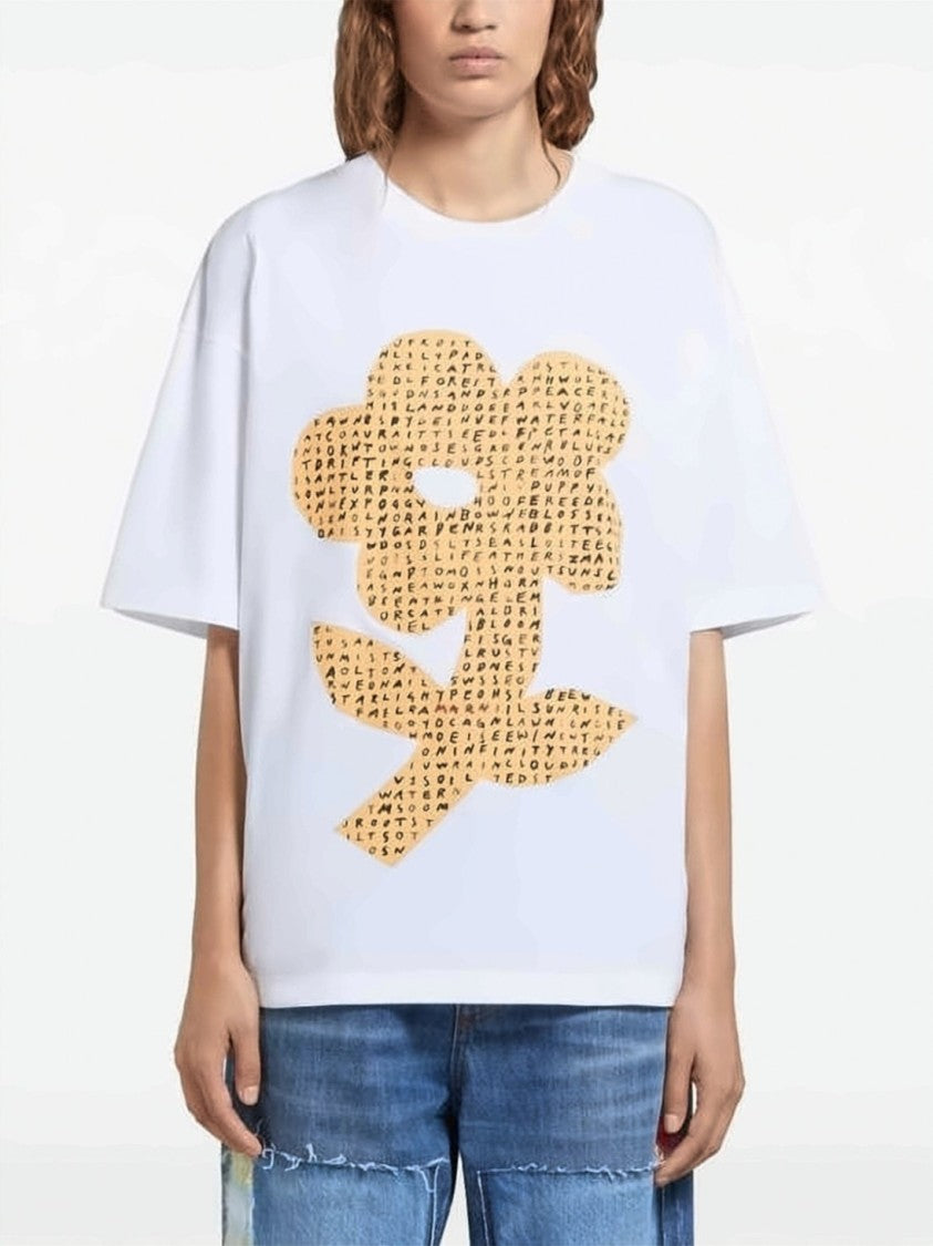 Marni Relaxed Fit White T-Shirt With Stylized Floral Graphic