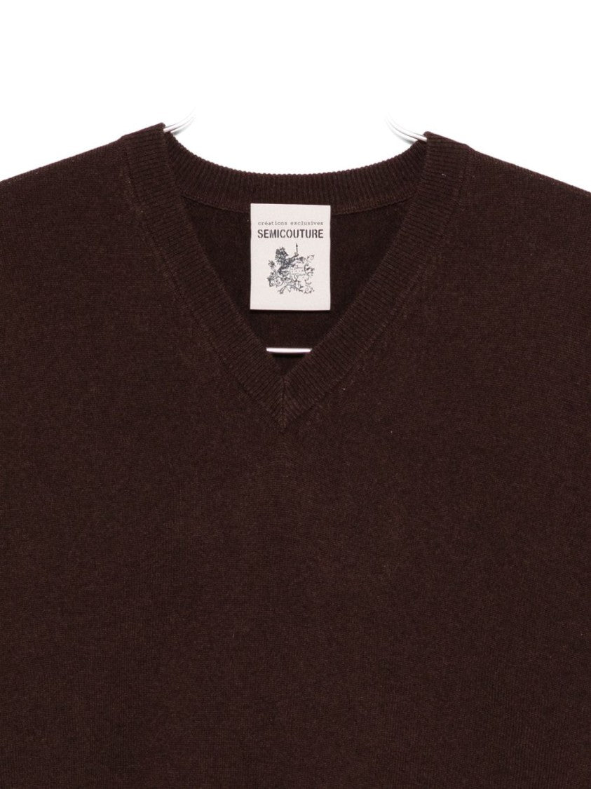 Semi Couture Deep V-Neck Brown Wool-Cashmere Sweater