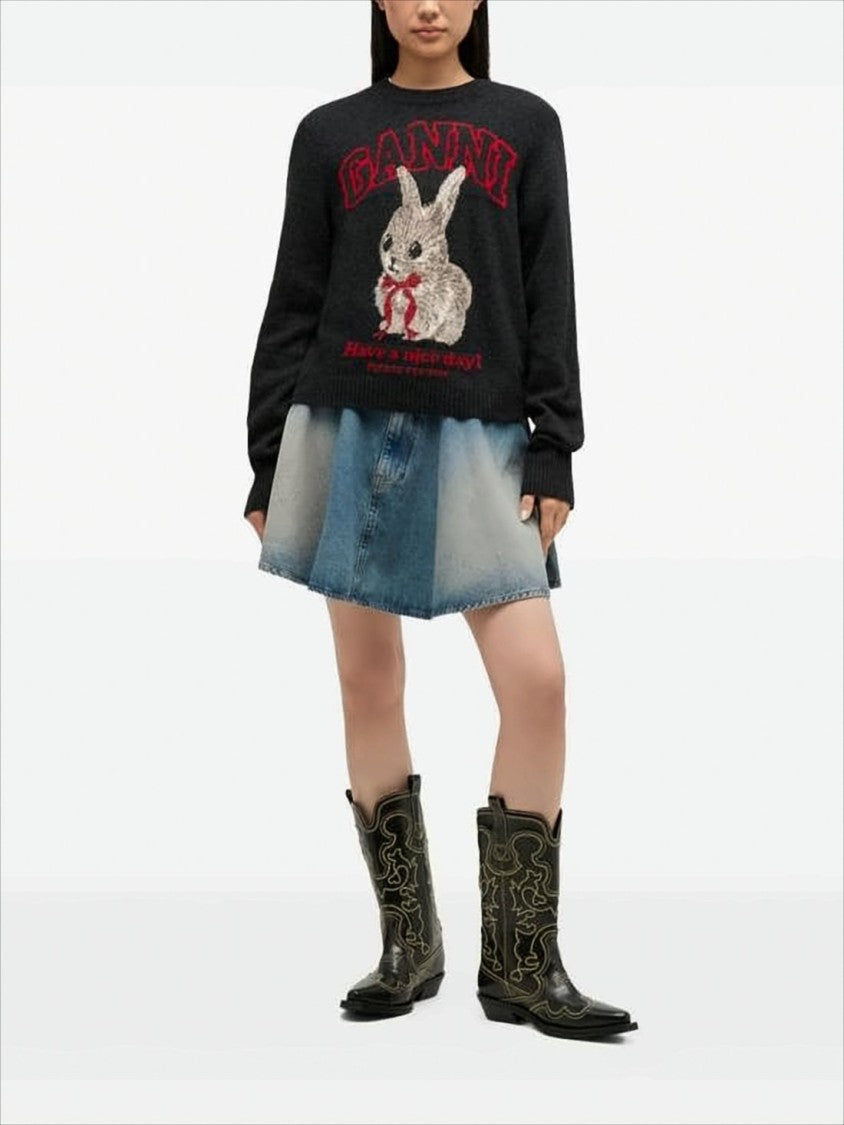 Ganni Knitted Bunny Design Sweater With Classic Crew Neckline
