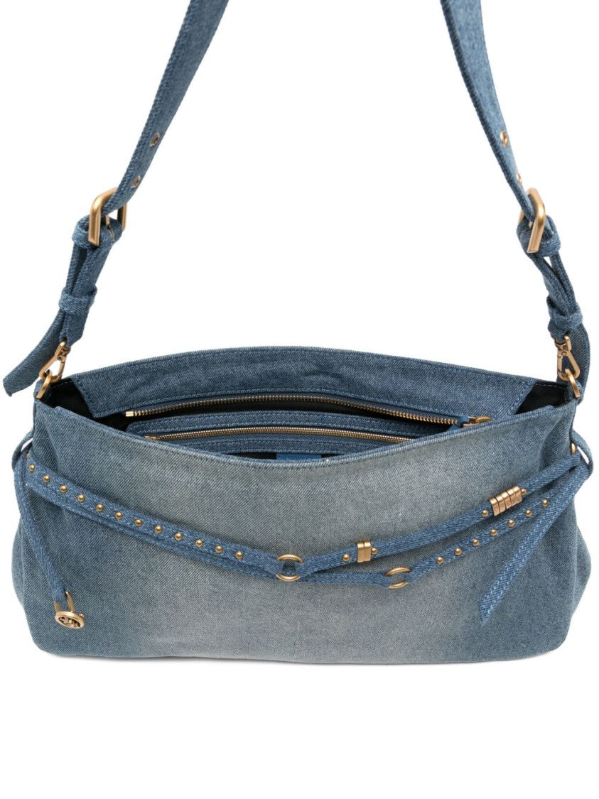 Pinko Light Blue Studded Denim Shoulder Bag