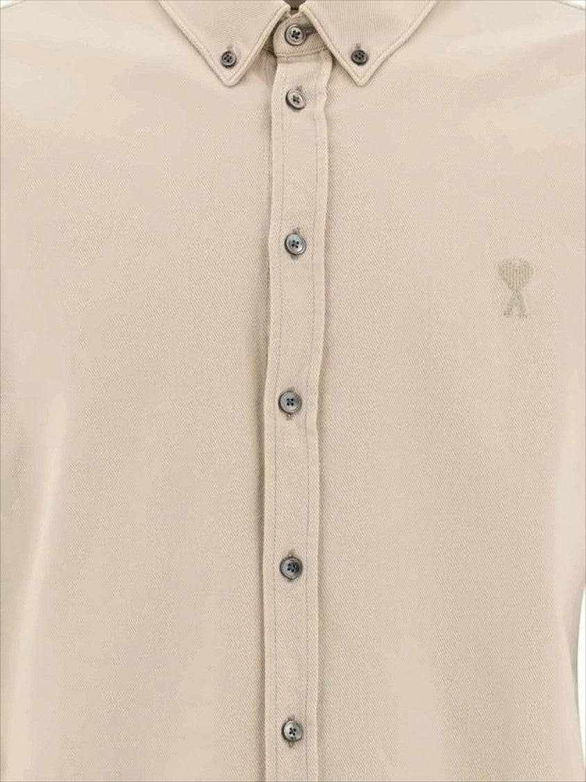 Ami Paris Long-Sleeve Button-Down Shirt With Curved Hem And Embroidered Logo