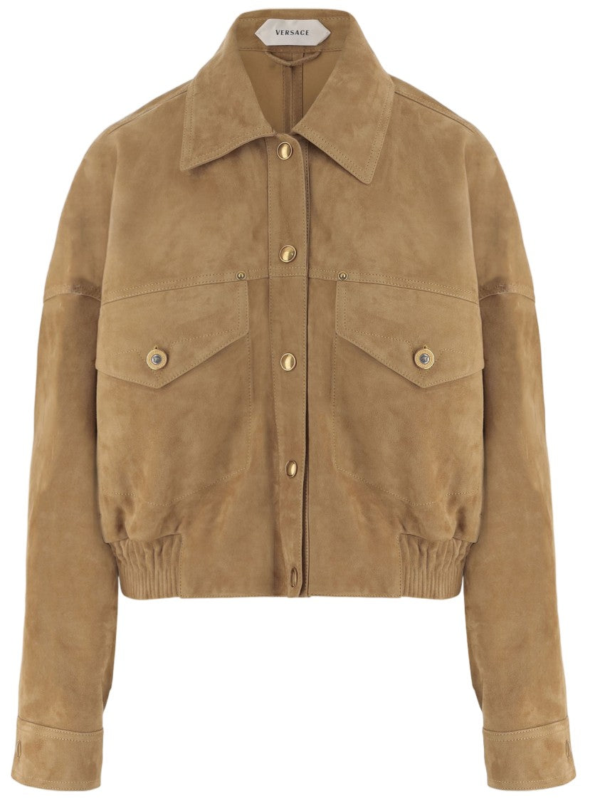 Versace Beige Suede Pointed Collar Elasticated Hem Jacket