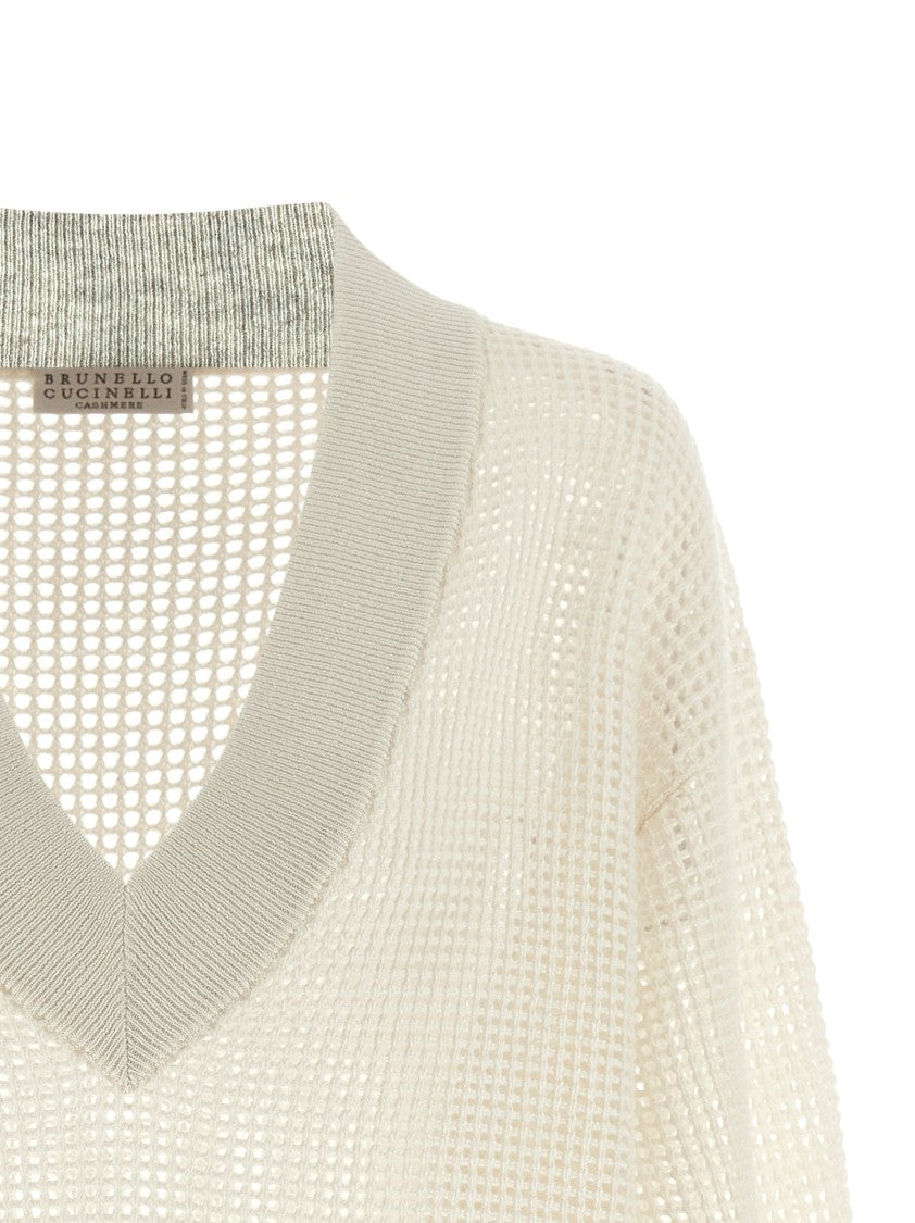 Brunello Cucinelli Net Mesh Cashmere Sweater With V-Neck And Banded Hem