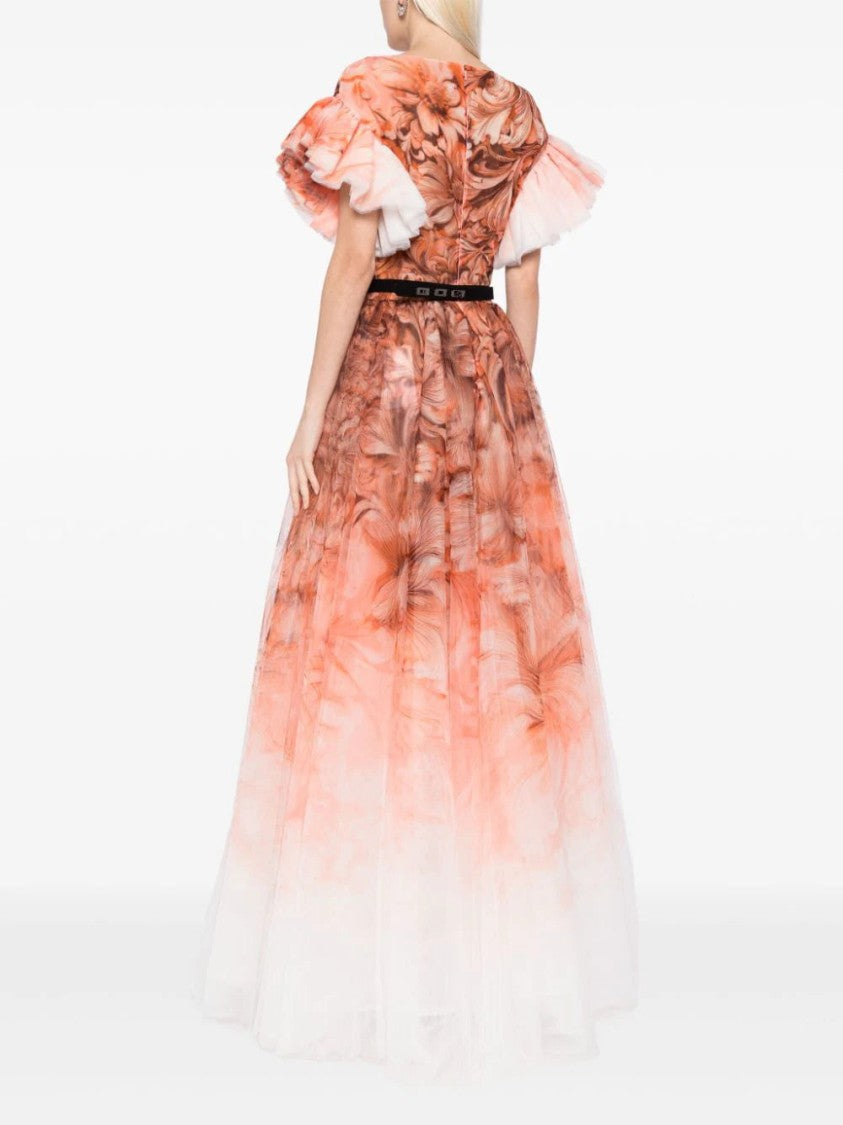Saiid Kobeisy Tulle Printed Dress With Pleated Sleeves