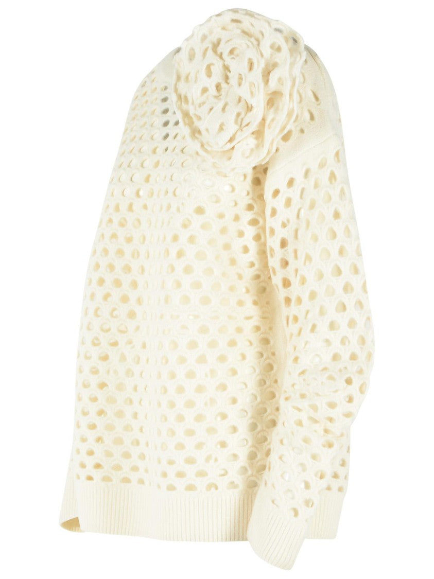 Blumarine Ivory 3D Floral Openwork Wool Cardigan
