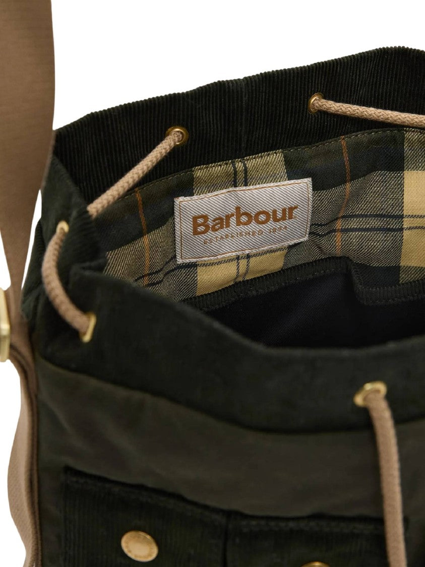 Barbour Waxed Cotton Drawstring Tote With Functional Design