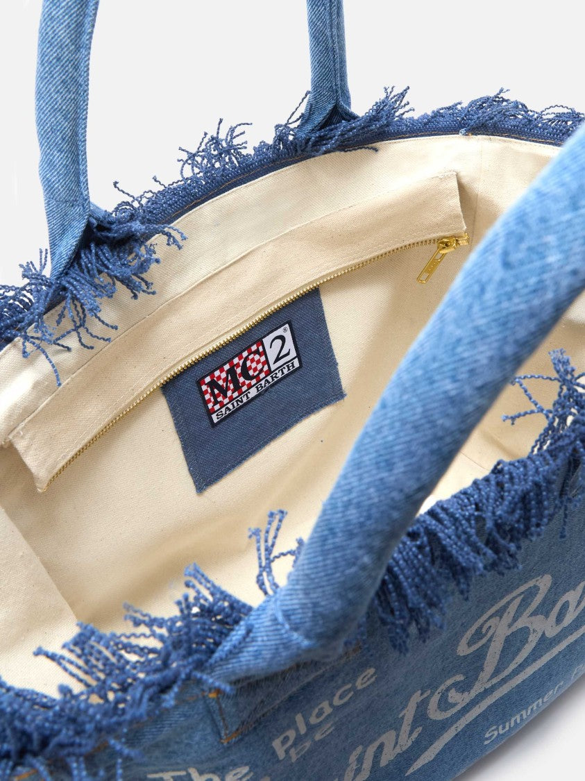 Mc2 Saint Barth Oversized Denim Tote Bag With Frayed Edges