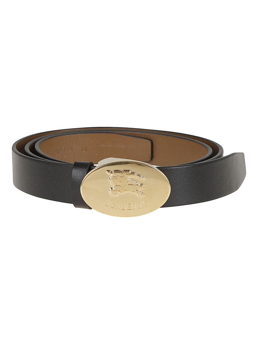 Burberry Slim Black Leather Belt With Oval Gold Buckle