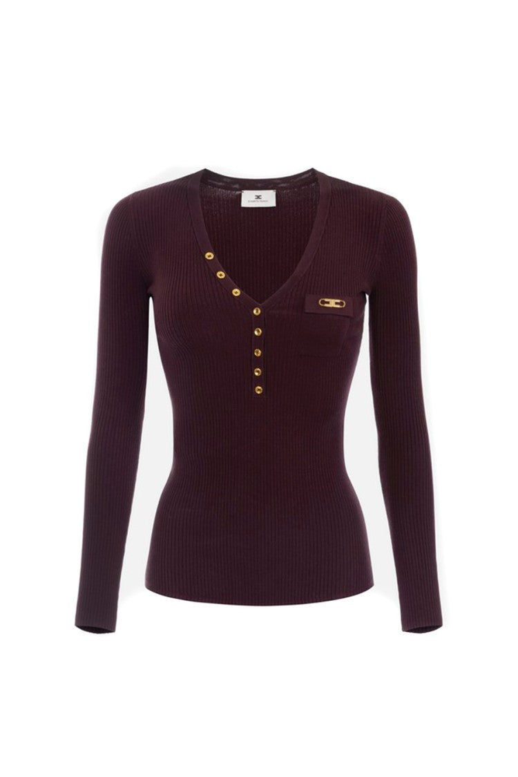 Elisabetta Franchi Merlot Ribbed V-Neck Lyocell-Blend Sweater