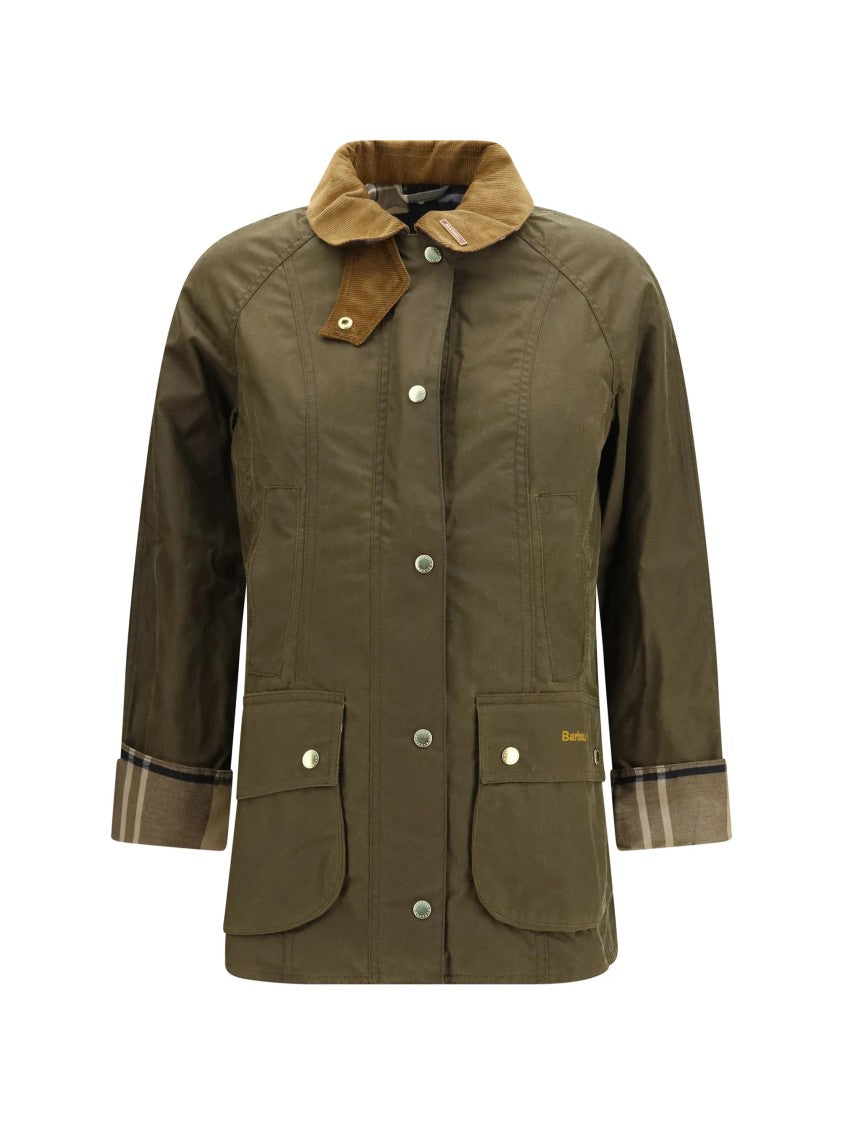 Barbour Beadnell Jacket In Green Waxed Fabric With Corduroy Collar