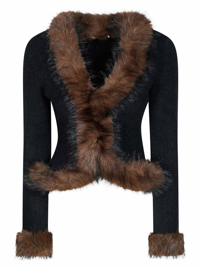 Self-Portrait Brown Faux Fur Trim Cropped Cardigan