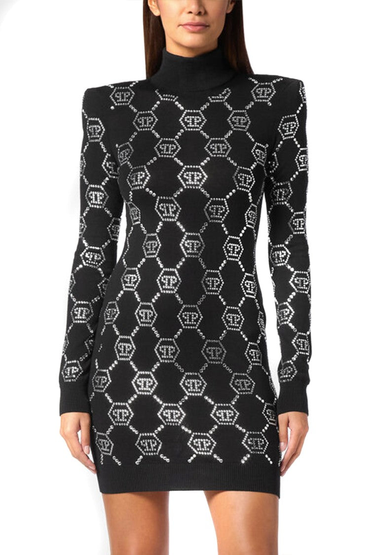 Philipp Plein Fitted Black Dress With Hexagonal Motif And High Neckline