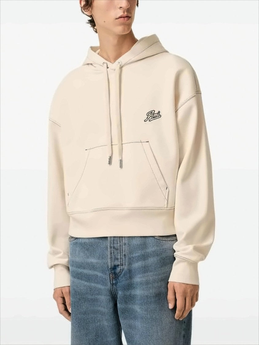 Ami Paris Cropped Hoodie With Drawstring And Embroidered Logo Detail