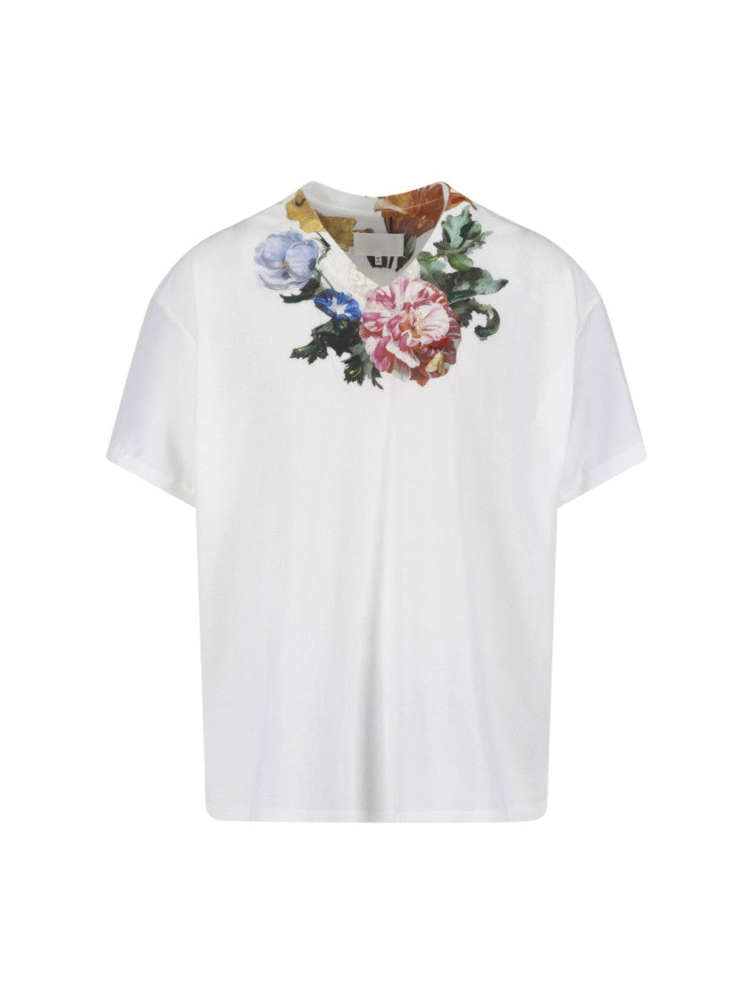 Maison Margiela White Floral Neckline Accent Cotton T-Shirt