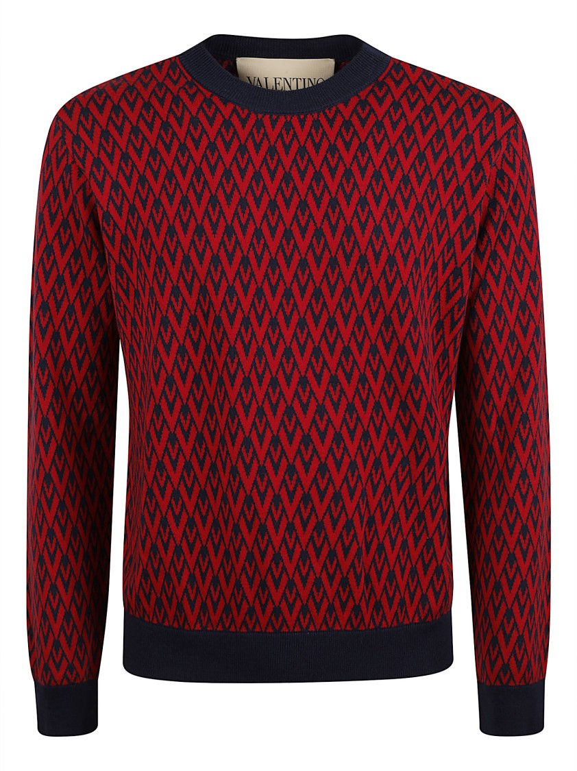 Valentino Garavani Red Geometric Pattern Crew Neck Sweater