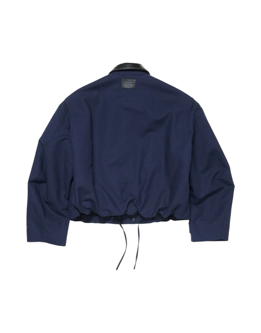 Acne Studios Cropped Dark Blue Jacket With Black Leather Collar