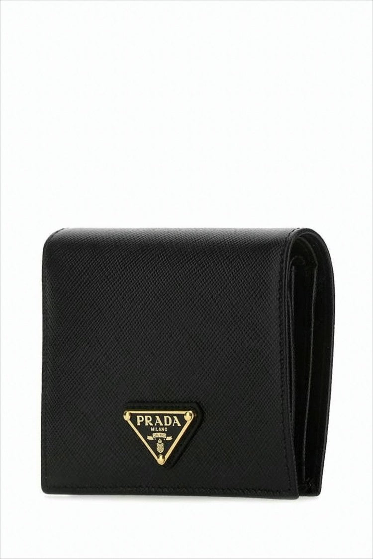 Prada Textured Black Wallet With Triangular Logo Plaque