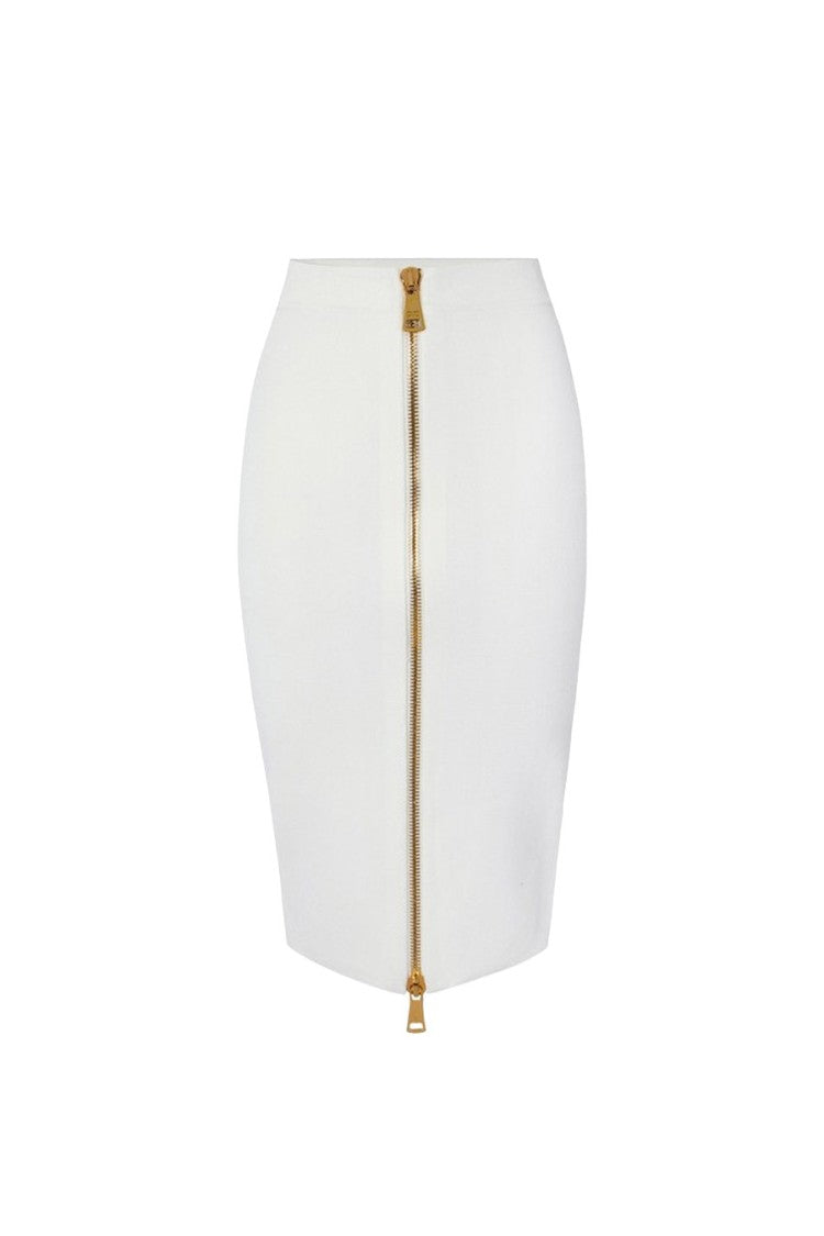 Elisabetta Franchi Ivory Viscose-Polyamide Blend Zip-Detail Pencil Skirt