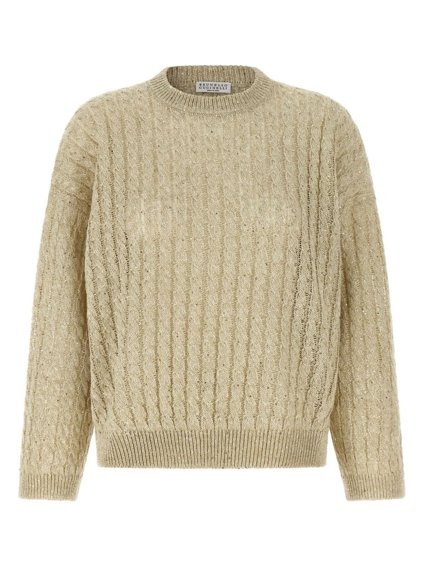 Brunello Cucinelli Beige Openwork Cable Knit Linen Sweater