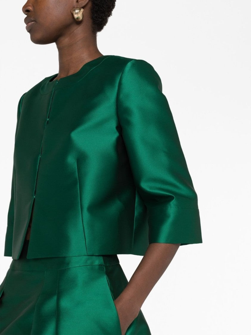 Alberta Ferretti Cropped Jacket Collarless Design Satin Finish