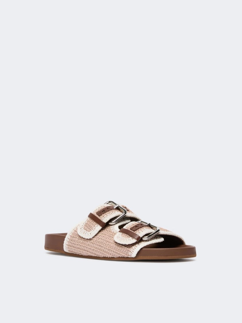 Max Mara Beige Woven Slide Sandals With Silver Buckle Accents