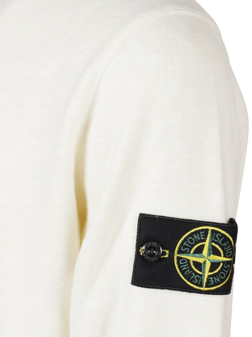 Stone Island Crew Neck Ivory Sweater With Subtle Texture And Logo Patch