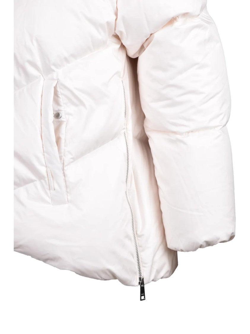 Add Asymmetric White Down Jacket With High Collar And Chevron Stitching