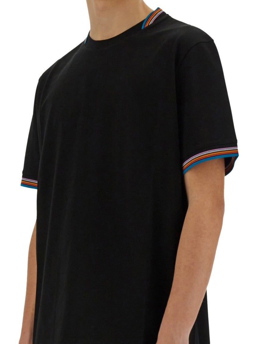 Paul Smith Black Cotton T-Shirt With Colorful Striped Detailing