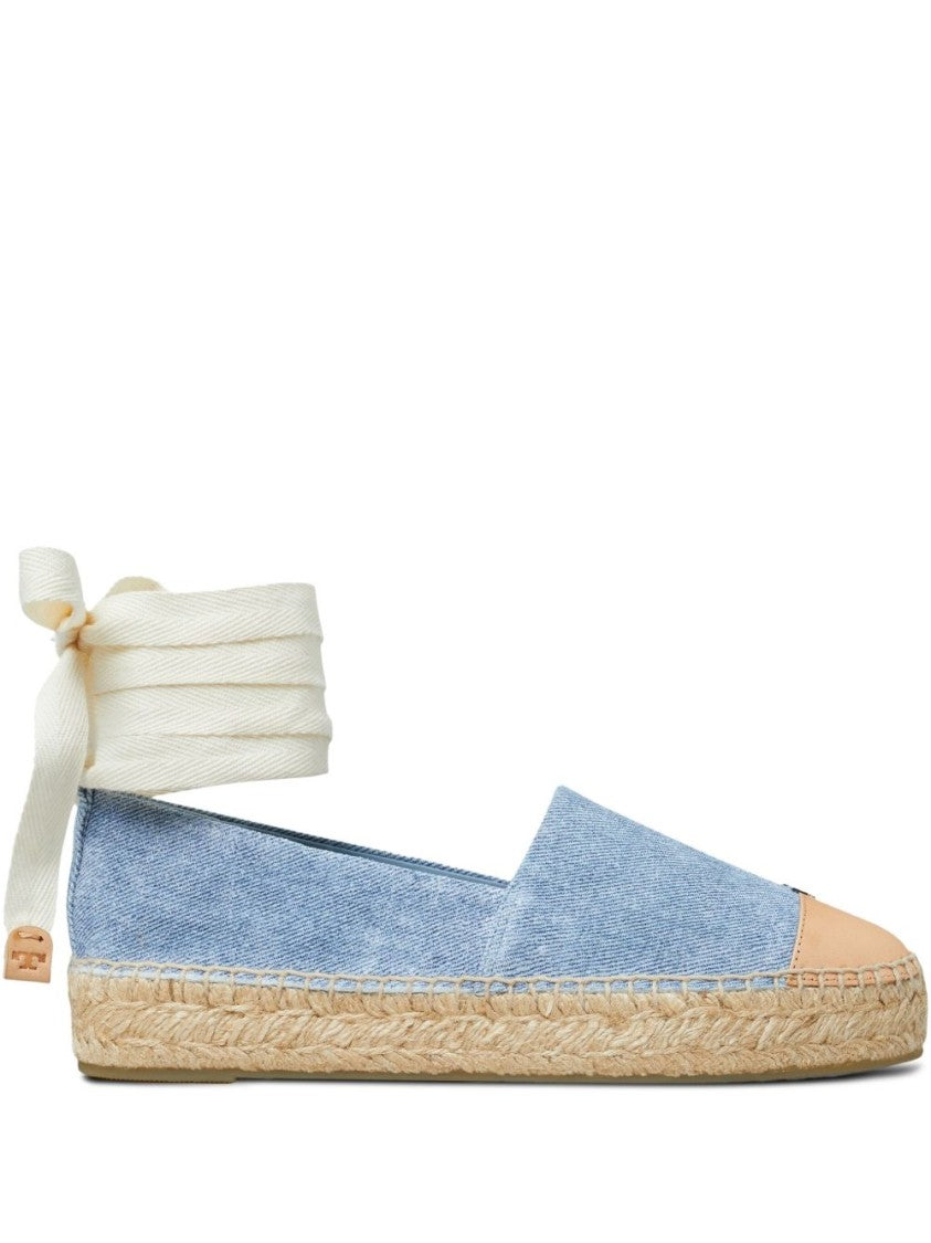 Tory Burch Round Toe Blue Espadrille With Ankle Strap And Natural Jute Sole