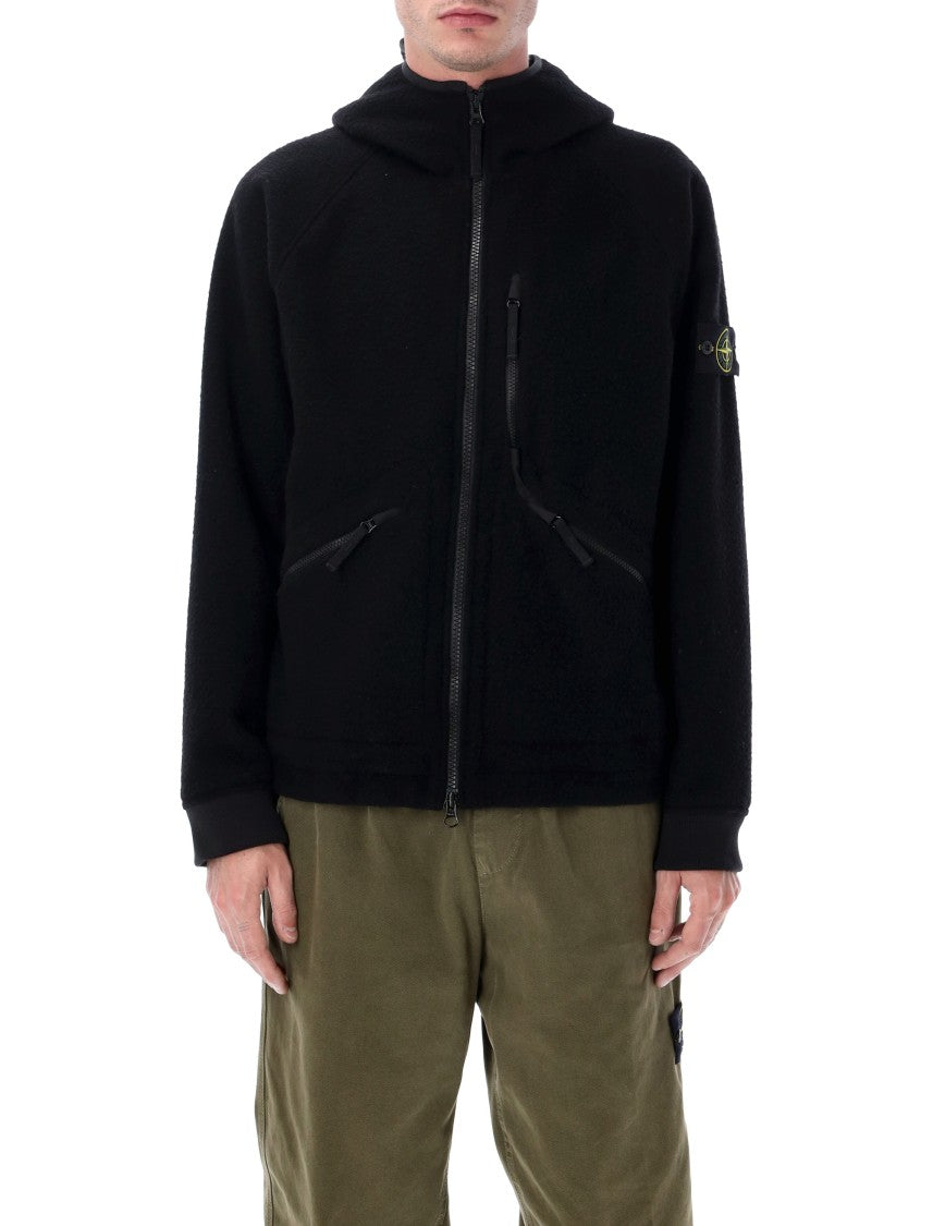 Stone Island Hooded Jacket In Ratteened Wool Nylon