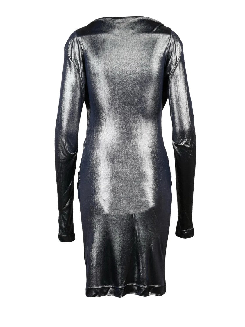 Vivienne Westwood Fitted Mini Dress With Draped Cowl Neckline And Silver Lamé Finish