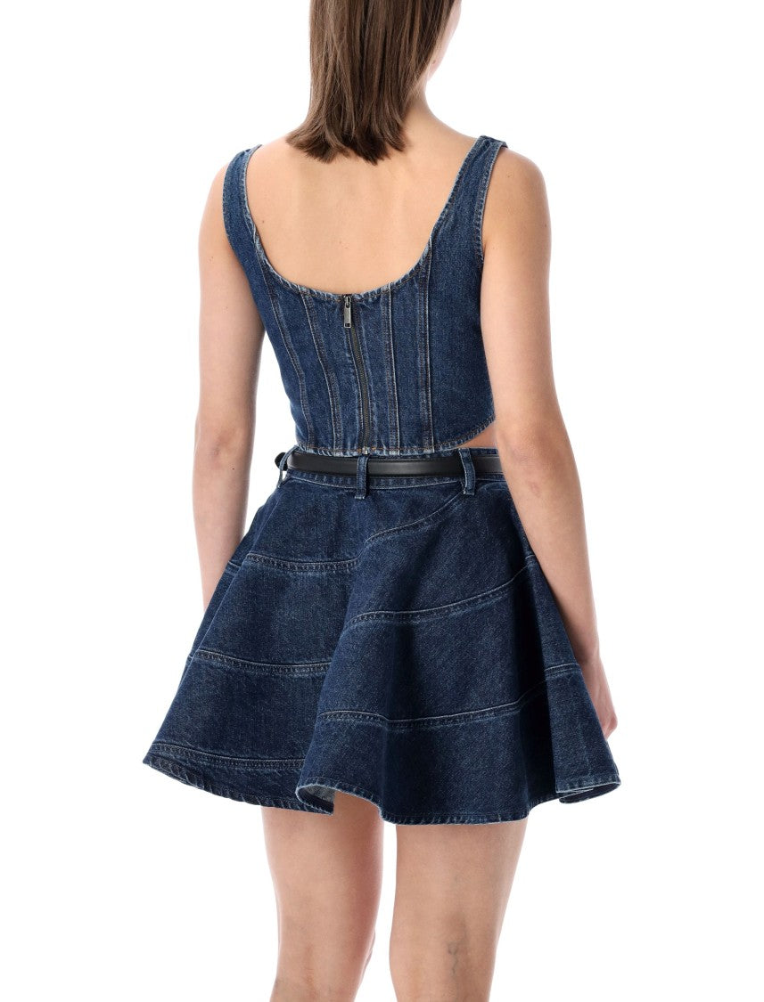 Self-Portrait Contrast Stitching Curved Hem Denim Corset