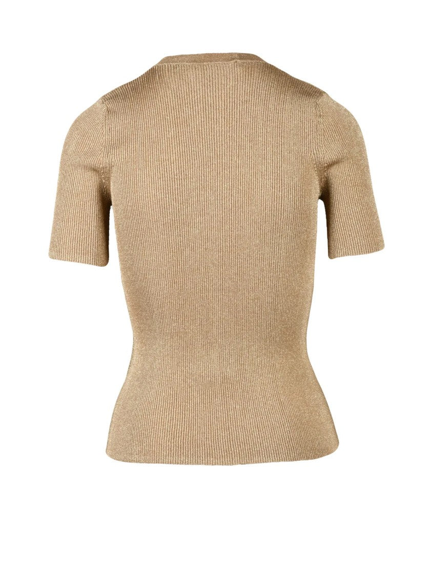 Max Mara Gold Svelto Metallic Ribbed Fitted Underlayer Top