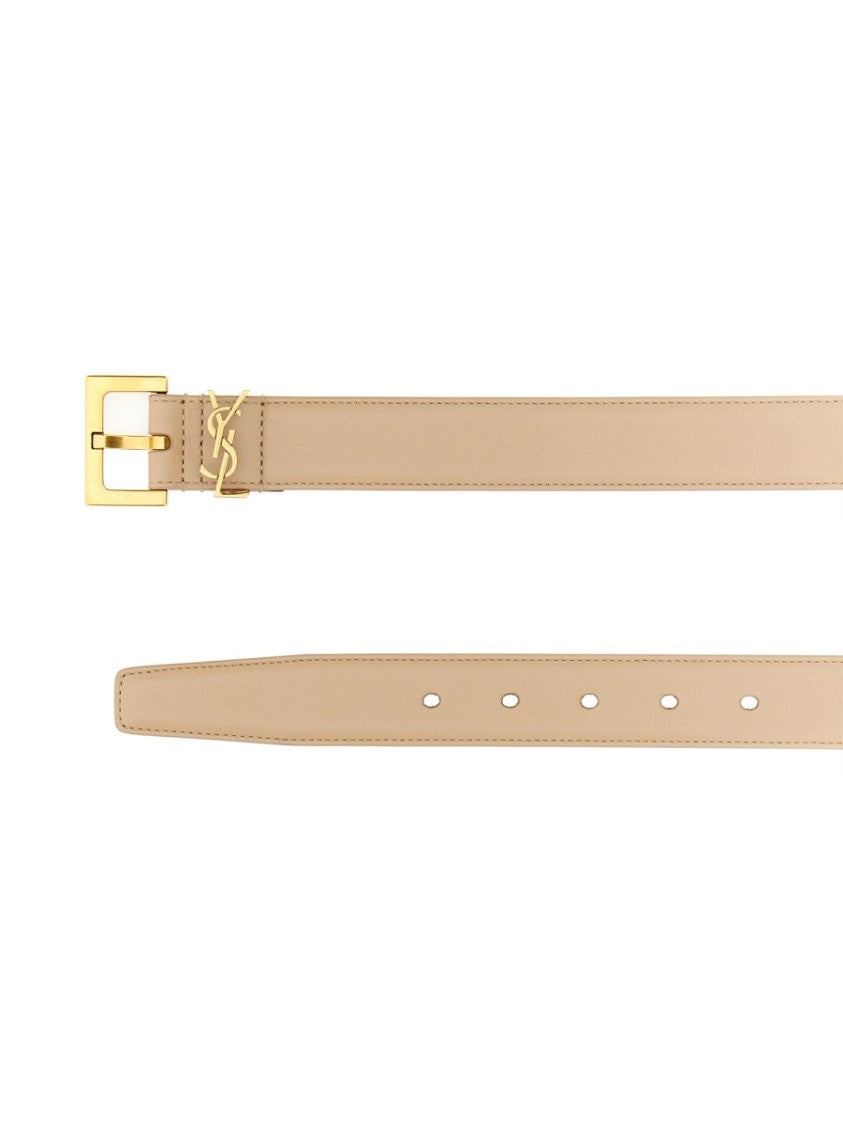 Saint Laurent Slim Calf Leather Belt With Gold-Tone Buckle