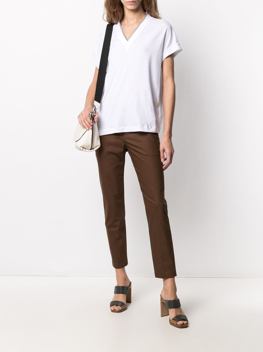 Brunello Cucinelli White Monili Chain V-Neck Cotton T-Shirt