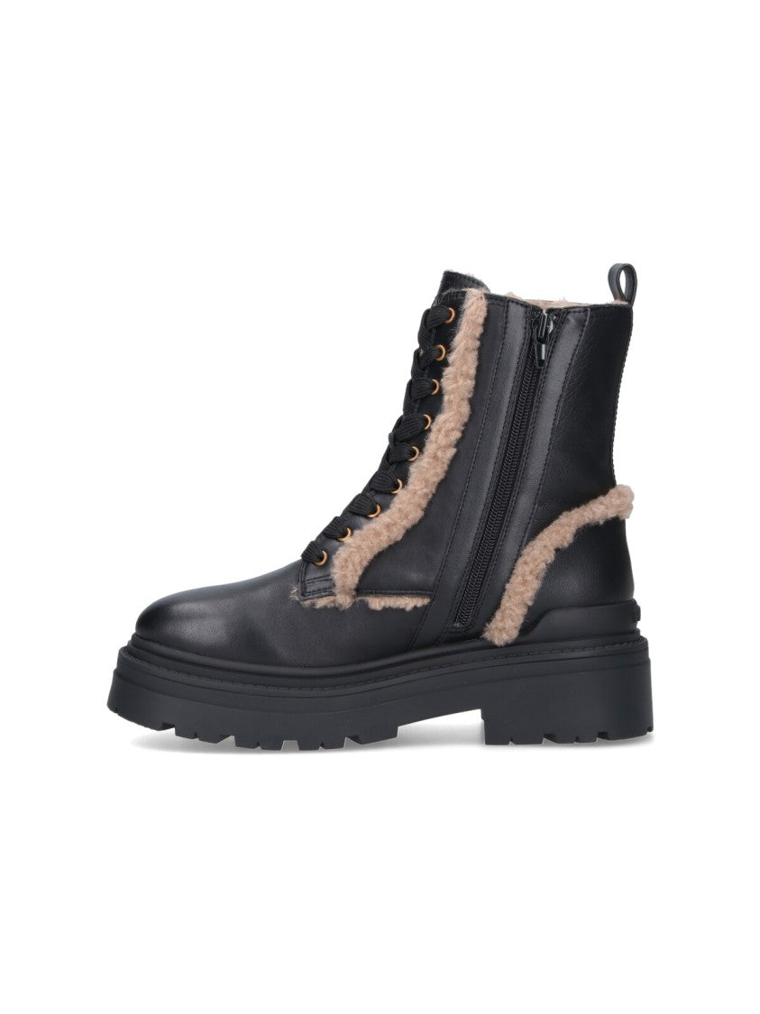 Pinko Black Leather Ankle Boots With Beige Shearling Details