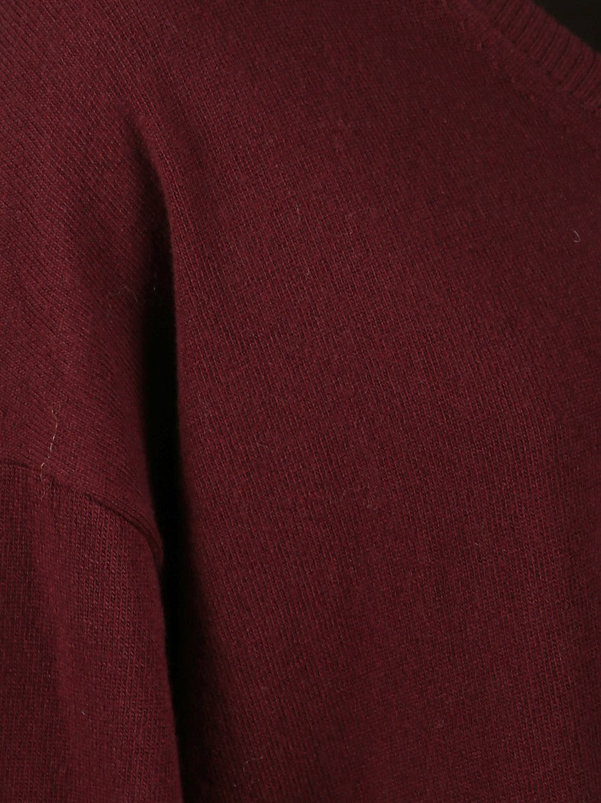 Bite Studios Oversized Burgundy Wool V-Neck Sweater With Ribbed Finishes